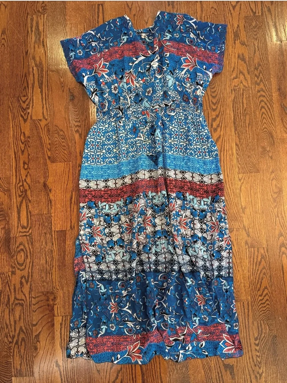 Johnny Was Blue Red Floral Printed Maxi Dress EUC MSRP $228 - Picture 5 of 5
